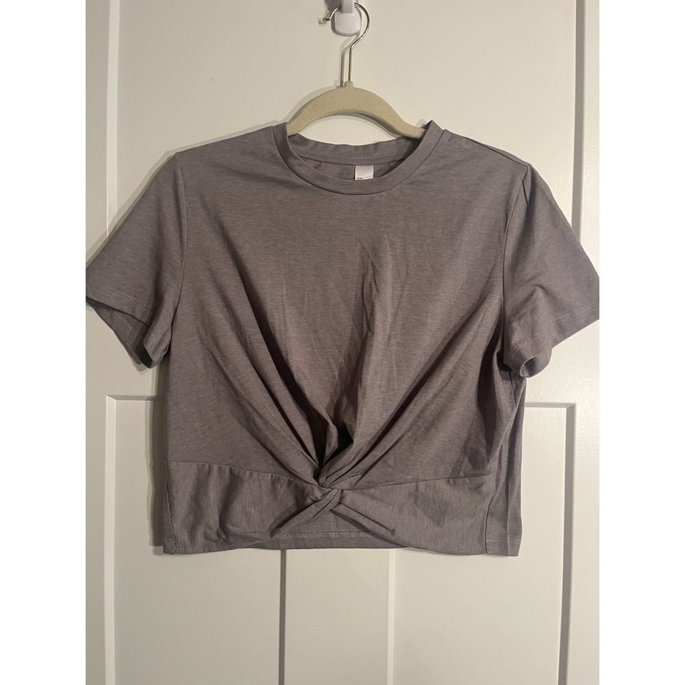 Women’s Large Gray Twist Front Crop Top Short Sleeve Crew Neck Stretch T-Shirt